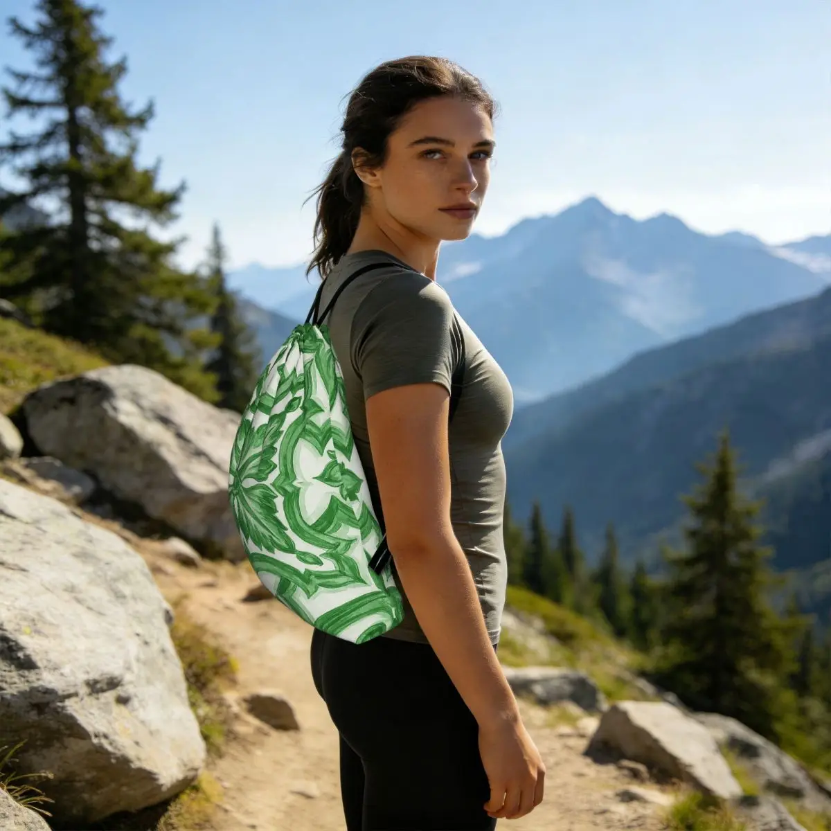 Green Ornate Floral Mediterranean Sicilian Tile Backpacks Drawstring Bundle Pocket Sports Bag Book Bags for Man Woman School