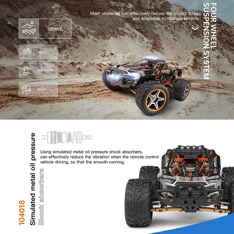 Wltoys 104018 104016 1:10 RC Car 4WD With Led Lights 55KM/H Remote Control Car 3660 Brushless Motor Off-Road Monster Truck