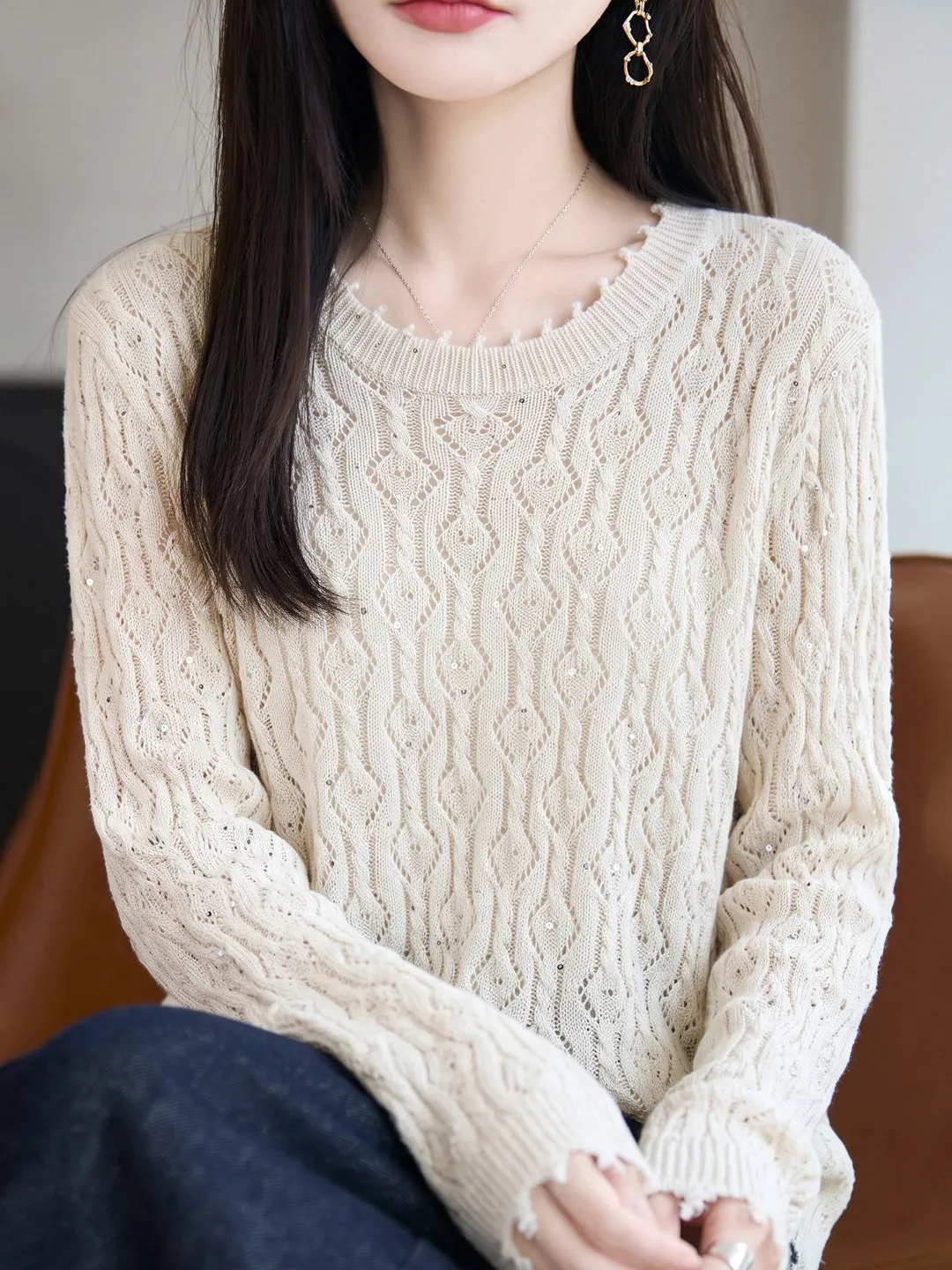 Glitter Knitted Sweater Women's round Neck Overhead Warm Base Layer Shirt Long Sleeve Soft Knitwear Casual Loose Style