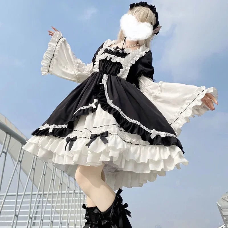 White Night Aurora Daily Flower Wedding Lolita Retro Gorgeous Op Lolita Dresses Long Sleeve Dress Kawaii Maid Dress