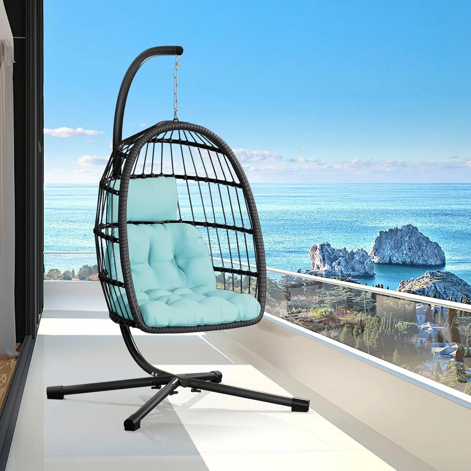 Egg Chair w/ Stand – Rattan Swing, 350 lbs, UV Cushion, Aluminum Frame