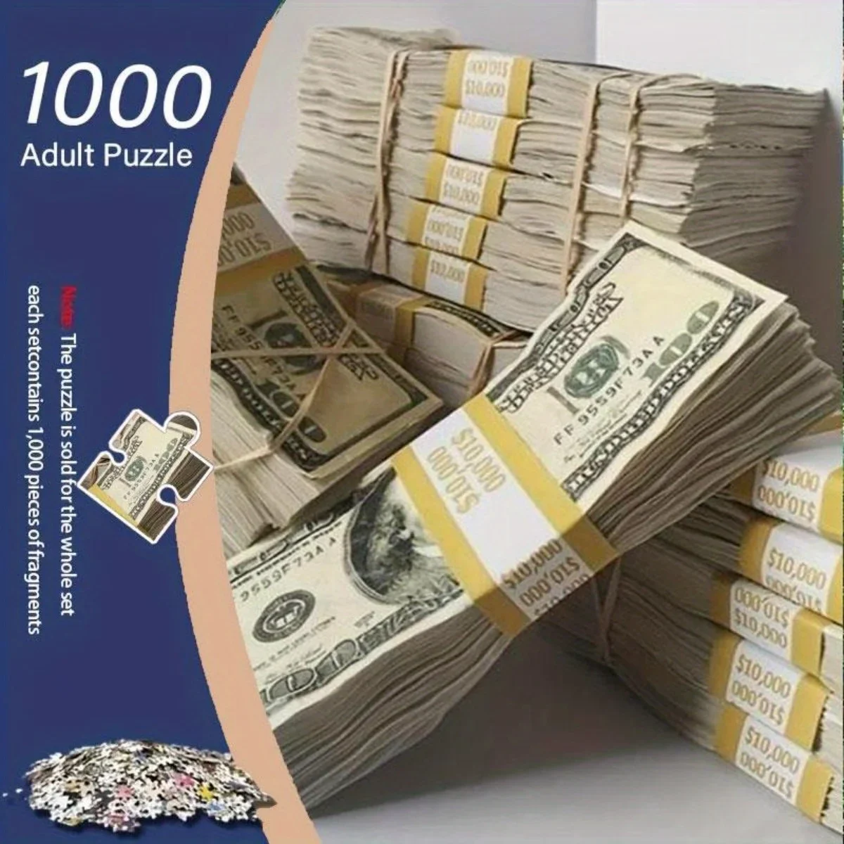 Rompecabezas de 1.000 piezas: pila de billetes de dólar estadounidense realistas con números de serie dorados, rompecabezas de dinero complejo para adultos - Challen