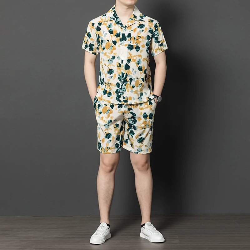 

Silk 92% Luxury Men's Set Shirt&Shorts Short Sleeve Print Pocket Summer Quality Soft Comfortable Lightweight Conjuntos De Hombre