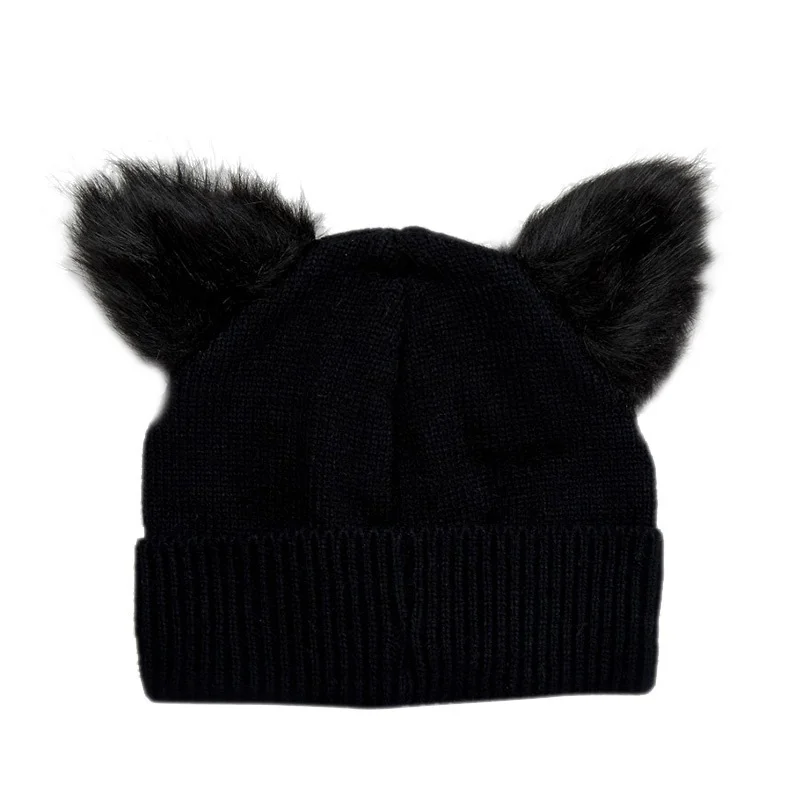 Warm Winter Hat For Women Wool Knitted Cat Ears Faux Mink Hats Skullies Fur Pompom Caps Female Beanies Bonnet Femme