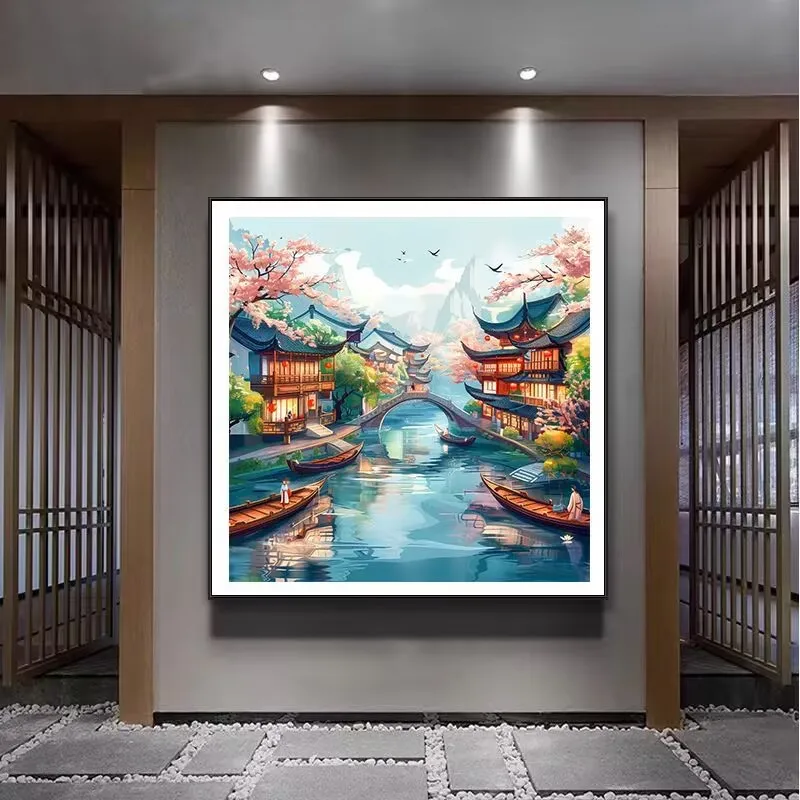 11CT 9CT Jiangnan Water Scenery Embroidery DIY Chinese Style Printed Kits Cross Stitch Thread Needlework Sets Home Decor Crafts