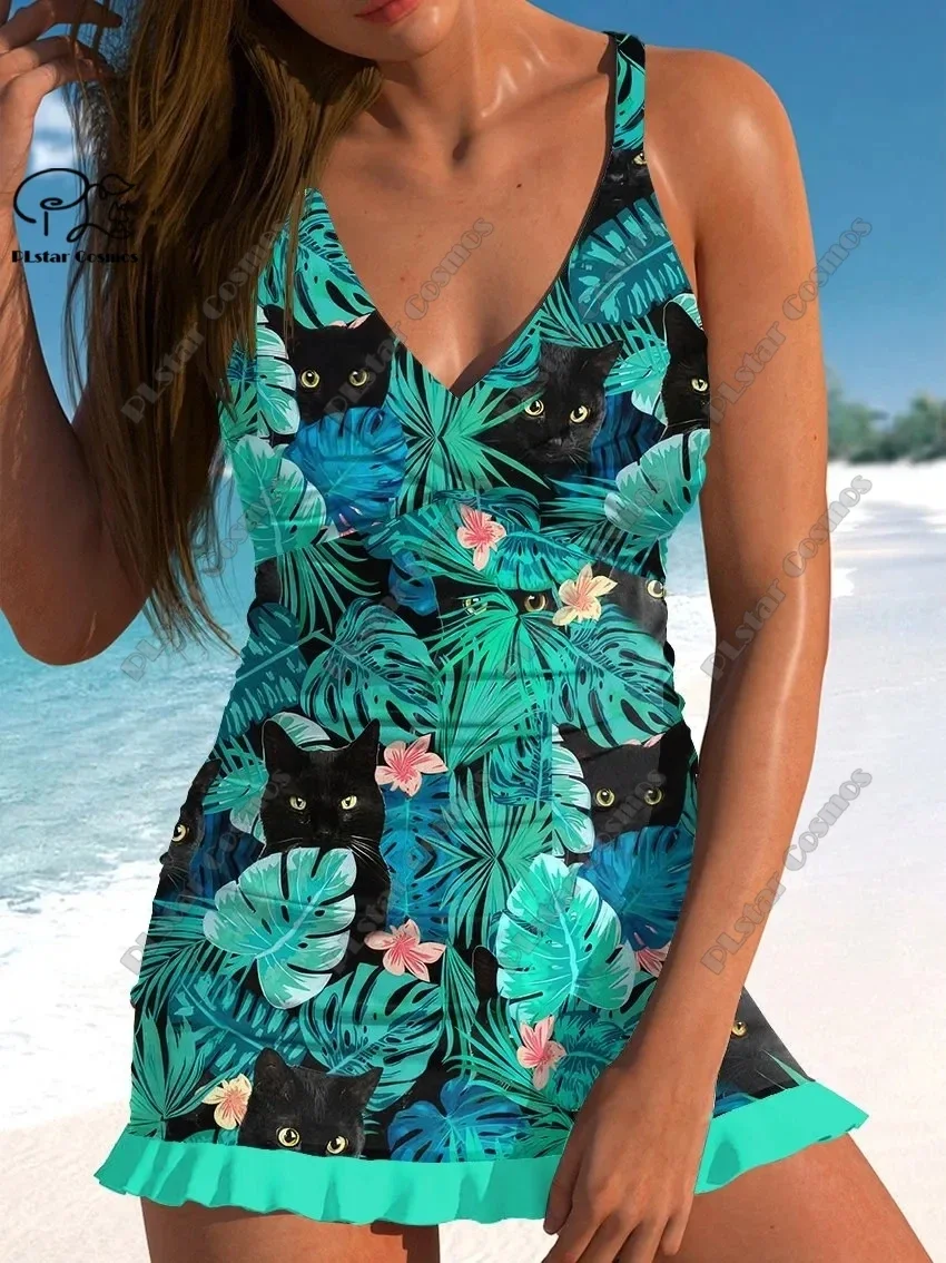 Femmes été frais floral 3D imprimé jupe à bretelles dentelle maillot de bain vacances voyage nouveau dos croix sangle design maillot de bain D-16