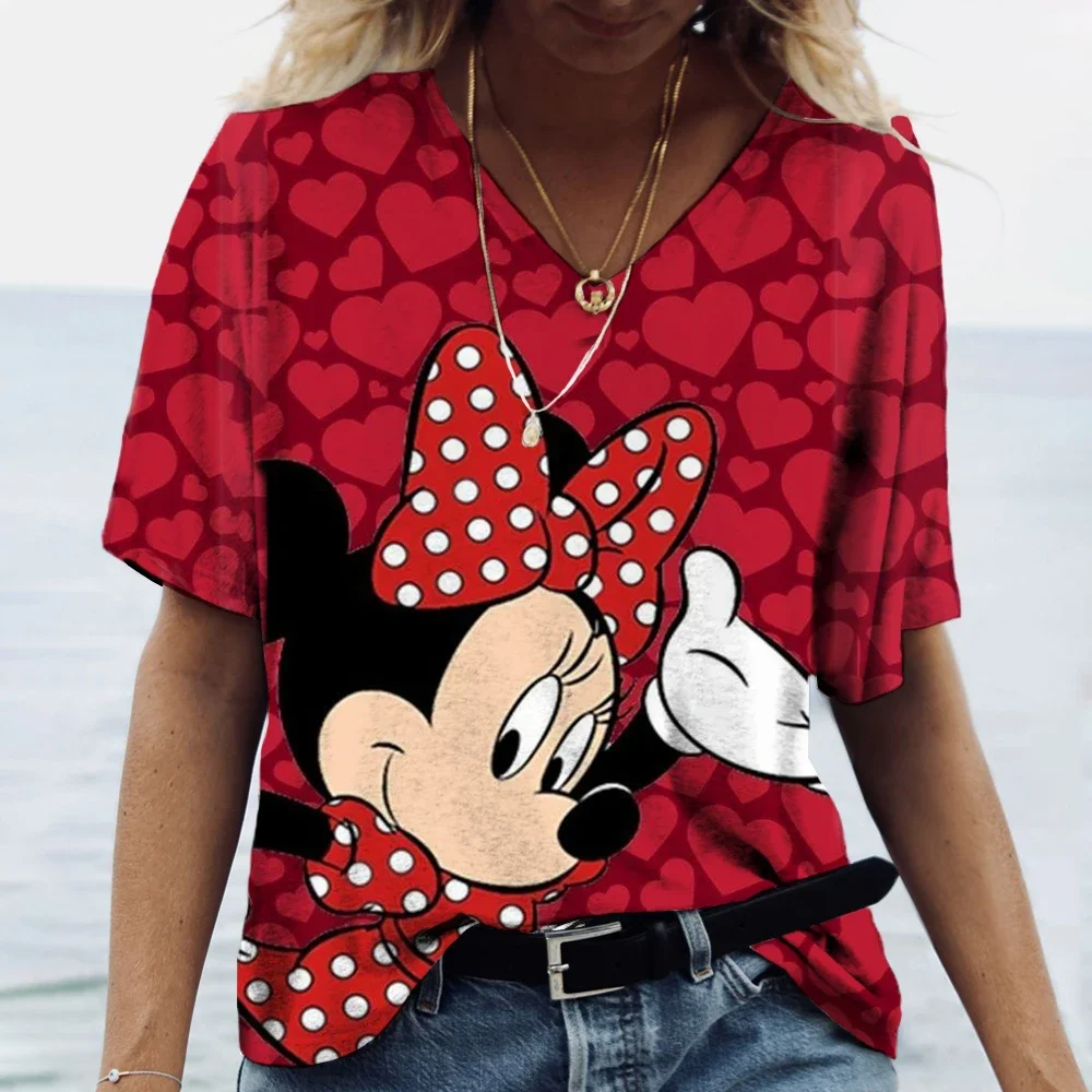 نمط جديد المرأة الصيف ديزني ميكي ماوس طباعة تي شيرت Y2k بلايز للسيدات الخامس الرقبة قصيرة الأكمام البلوز الشارع الشهير تي شيرت