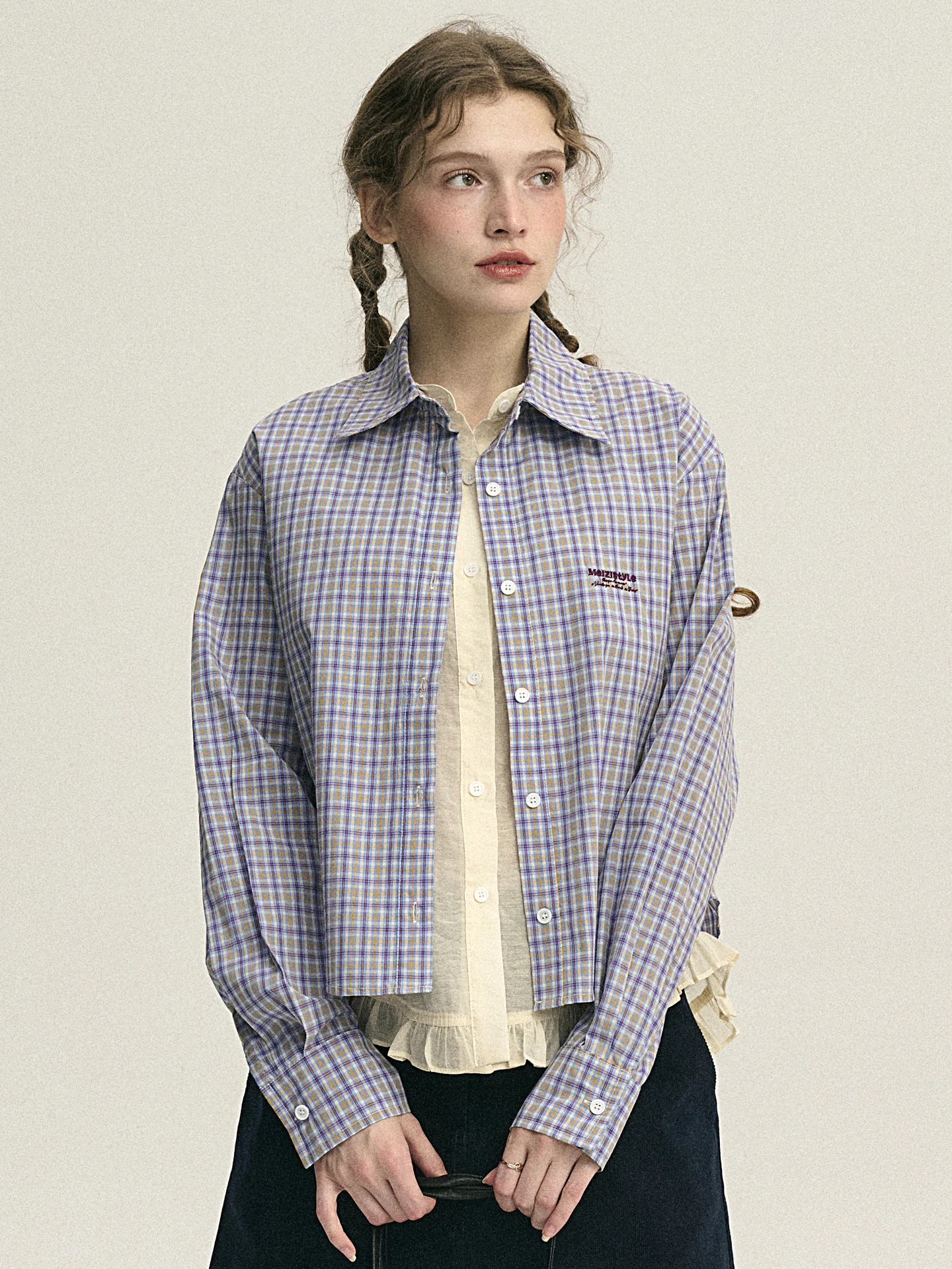 

Французская женская рубашка прямого кроя с длинным рукавом, в клетку, из 100% хлопка, имитация двухслойности, дышащая, с эффектом потертости (под старину)