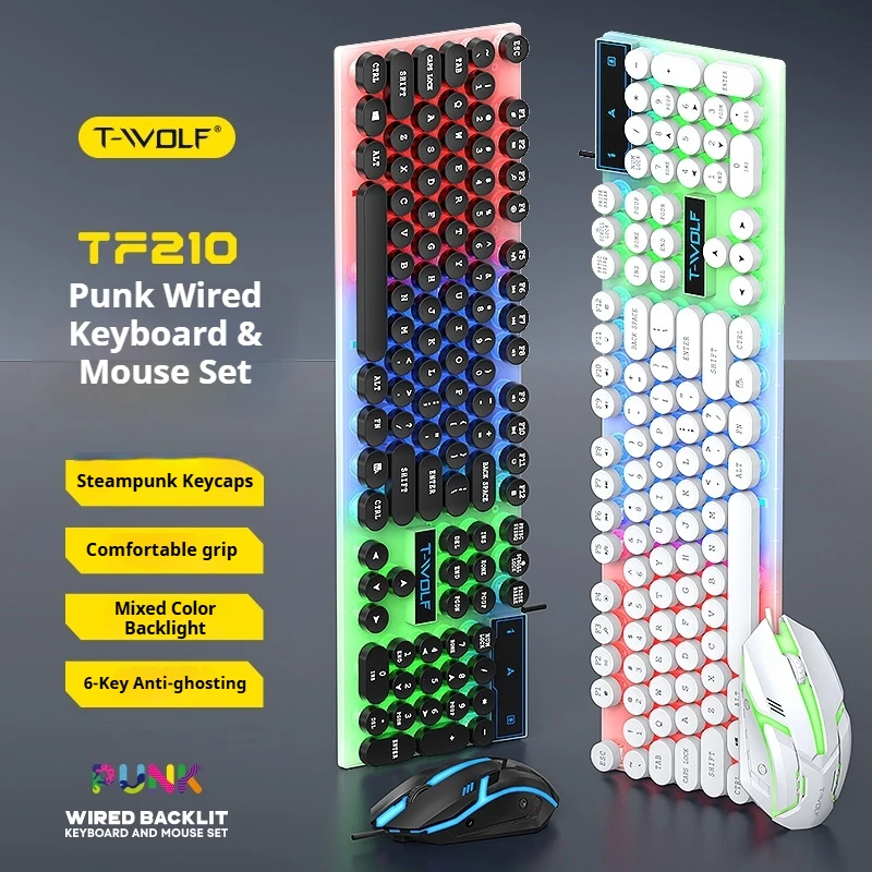 T-WOLF TF210 RGB Backlit Gaming Keyboard and Mouse Combo Set, Wired USB, Punk Round Keycaps, 1000 DPI Optical Gaming Mouse for P