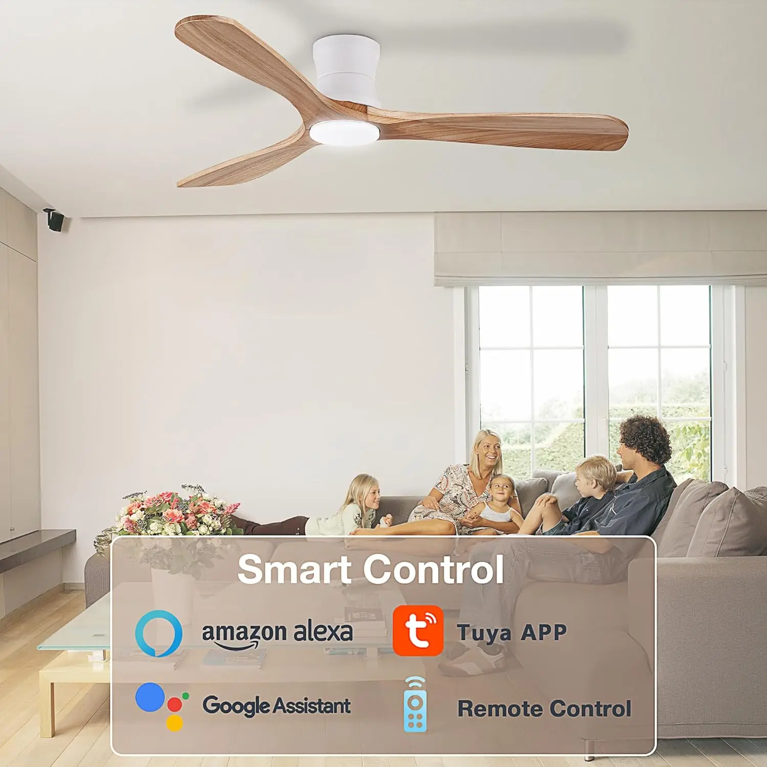 Smart 52” Wood Flush Mount Ceiling Fans with Lights and Remote,Quiet DC Motor,Outdoor Indoor Ultra Low Profile Ceiling Fan works