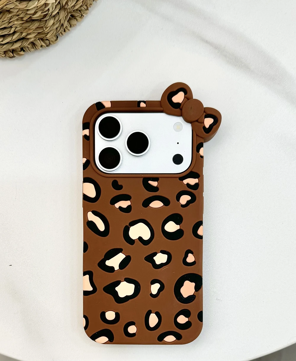 3D-Handyhülle aus weichem Silikon mit Leopardenmuster und Schleife für iPhone 16 17 Pro Max, lustige Cartoon-stoßfeste Rückseite – Detail 10