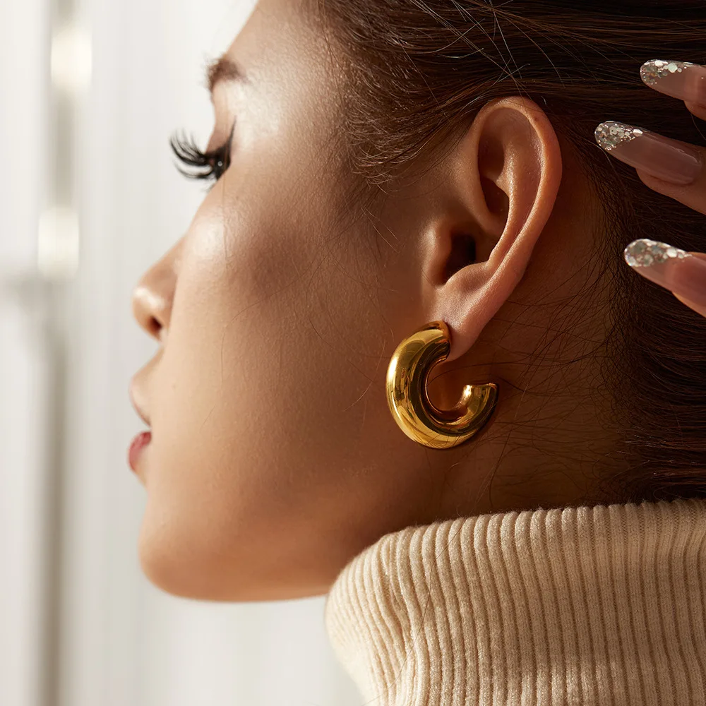 Punk Gold Plated Round Chunky Hoop Earrings for Women Stainless Steel Circle Earrings Fashion Jewelry Lightweight Thick Hoops