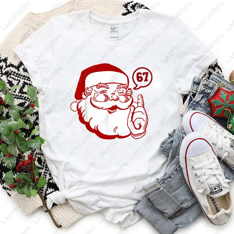 Lustiges Weihnachtsmann sagt sechs sieben Weihnachten 67 Weihnachten Erwachsene T-Shirt Vintage Mode Harajuku Weihnachten Grafik Baumwolle Unisex T-Shirts