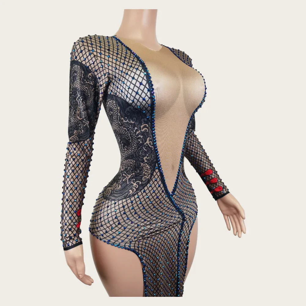 New Rhinestones Sexy Dress Women Print Long Sleeve Split Cheongsam Party Prom Gowns Fashion Mesh Drag Queen Stage Show Costumes