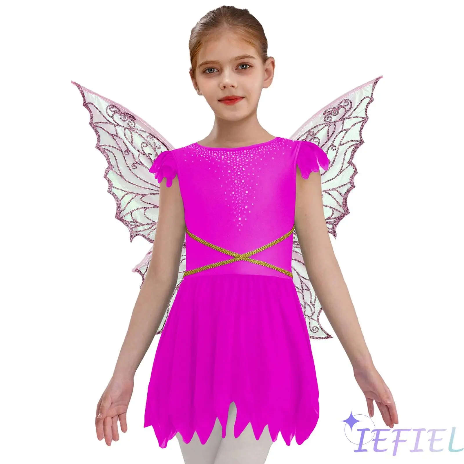 

Kids Girls Elf Fairy Princess Costume Sleeveless Waist Gold Webbing Mesh Irregular Hem Dress with Wings Halloween Fairy Dress