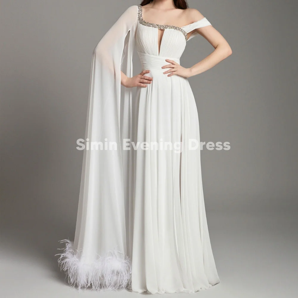 

Simin женские шифоновые вечерние платья трапециевидной формы длиной до пола с мехом на одно плечо и длинными рукавами, элегантные вечерние платья 2025
