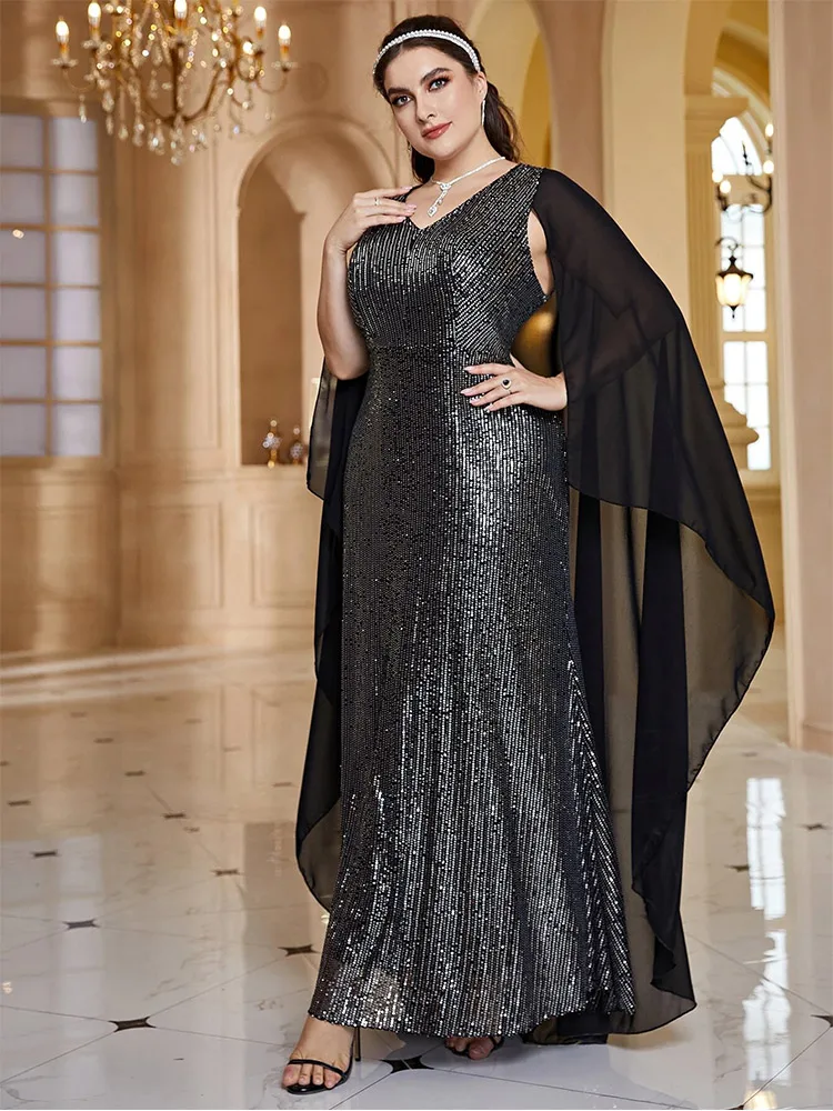 Plus Size V-Neck Silver Striped Black Shawl Floor-Length Wedding Evening Dress 4xl5xl Big Size Black Shawl Prom Gowns Women