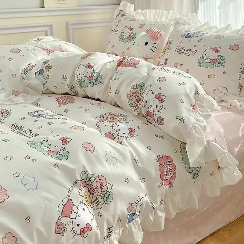 Hello Kitty Estilo Princesa dos desenhos animados Conjunto de cama, lençol de algodão puro, colcha, kawaii, desenhos animados, Coração feminino, presente, 4 pcs