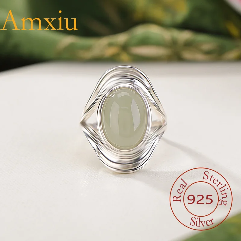 Amxiu Sterling Silver 925 Natural Hetian  Clear Water Jade Oval Cabochon Personality Fashion Minimalist Ring