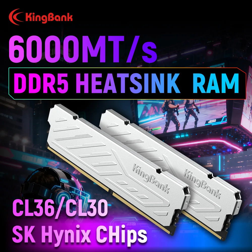 KingBank DDR5 RAM 8GB / 8GBx2 / 16GBx2 6000MHz Desktop Memory CL36/CL30 XMP 3.0/AMD EXPO Desktop Computer Memory Heatsink Silver