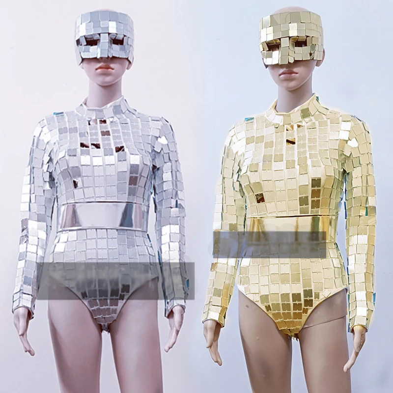 Futurystyczny kostium sceniczny złoty kombinezon z długim rękawem stroje drag queen srebrny lustrzany strój rave ubrania do tańca gogo VDL4640