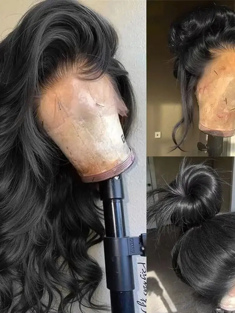 40 42 inch Echt Haar Body Wave pruik met HD kant voorkant, zwart, voorgeplukt, 13x6 natte en golvende kant frontale pruik van echt haar - afbeelding 2