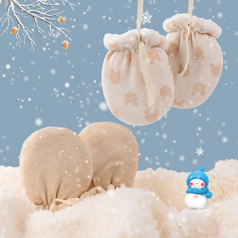 

Newborn Anti Scratch Mittens Lined Natural Colored Cotton Baby Mittens Warm Thickened Winter Infant Gloves for 1-3 Year Boy Girl
