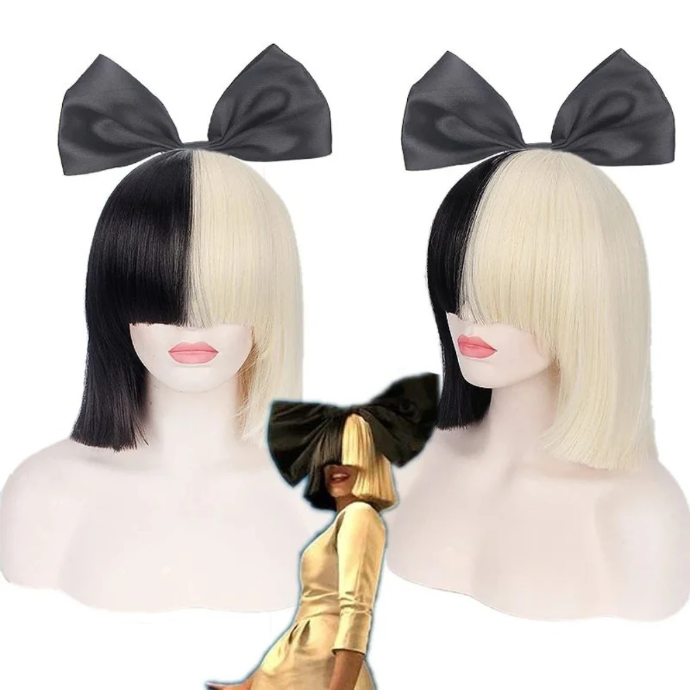 Peluca Sia de pelo sintético estilo anime, medio negro y rubio ombré, pelo corto y liso con flequillo plano, peluca completa para cosplay para mujeres, nueva.
