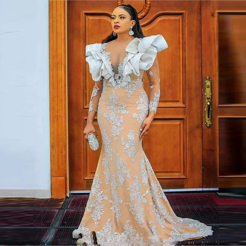 

Orange Evening Dress Long Sleeve Appliques V-Neck Chapel Train Elegant Women Formal Occasion Fashion Luxury Wedding Dresses