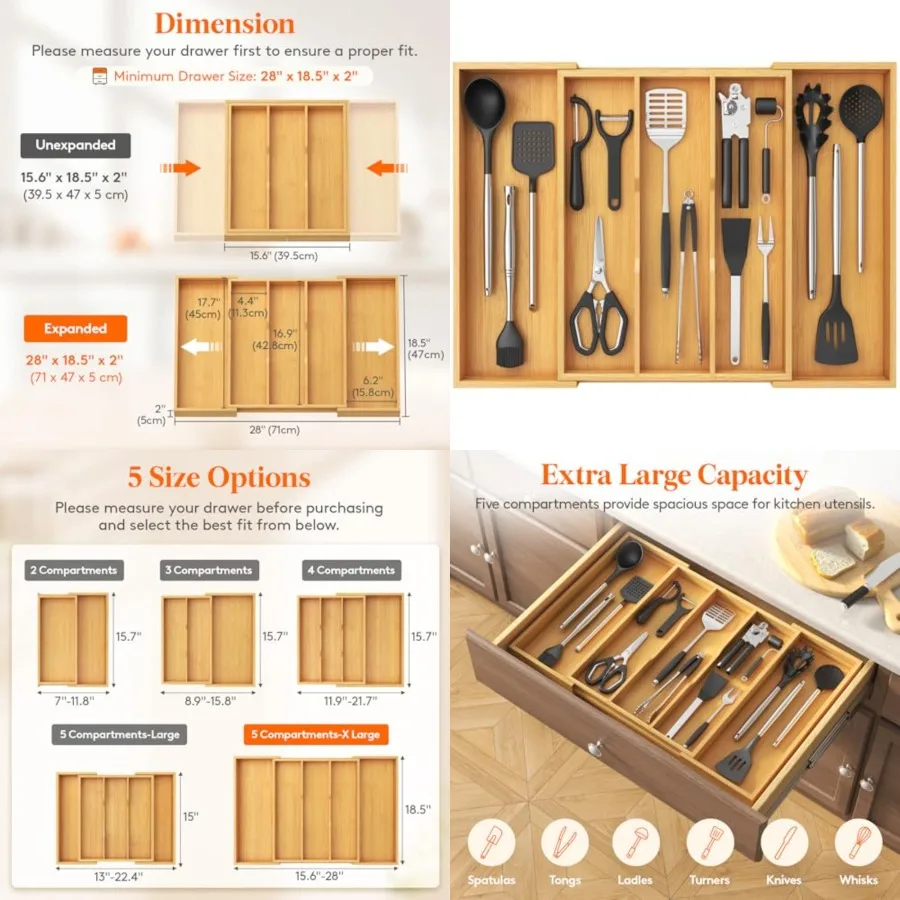 

Utensil Organizer for Kitchen Drawer, Expandable Cooking Utensil Tray, Cutlery Silverware Flatware Holder, Wood Adjustable Spat