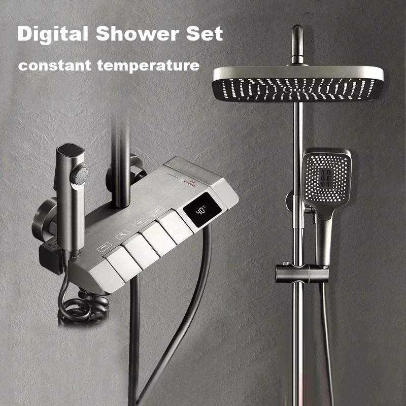 HOShower-Ensemble de douche à robinet numérique en cuivre, baignoire en noir blanc et gris, piano prédire, douche chaude et froide, LED