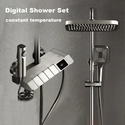 Bathroom Shower Full Set Black White Gray Bathtub Piano Keys Hot and Cold Shower Faucet LED Digital Copper Tap Shower Set