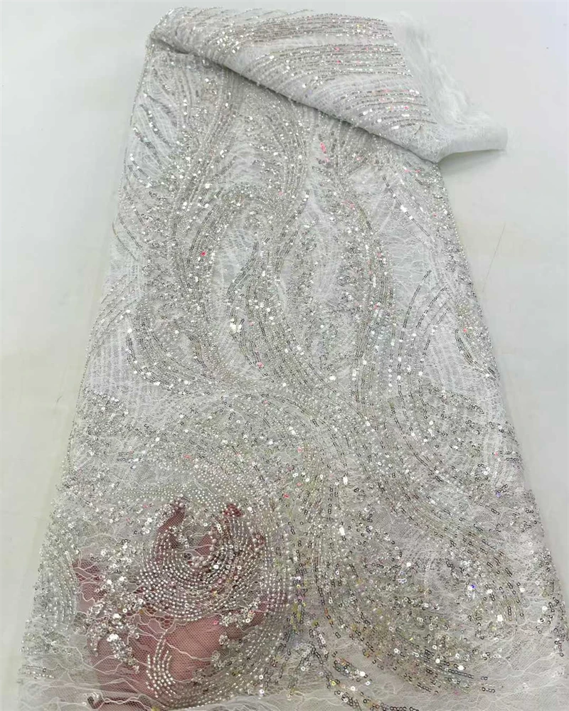 

African Beads Lace Fabric High Quality Nigerian Sequins Beads Lace Fabric French Laces Fabrics For Party Dress Sew