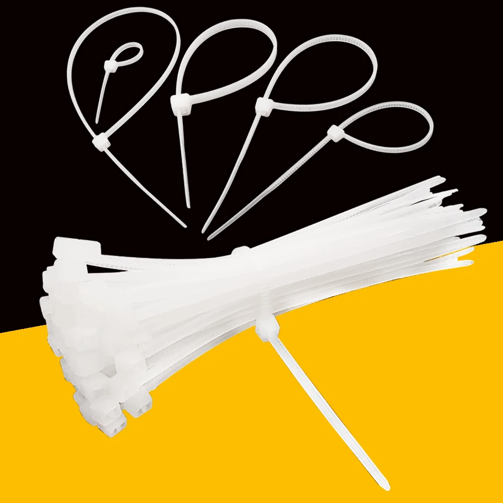 100 Stück weiße, selbstverriegelnde Nylon-Kabelbinder für den industriellen Einsatz, 1,99 mm x 80/100/120/150/200 mm, 2,7 mm x 300 mm, zum Befestigen von Kabeln, Kabelorganisator, Kabelbinder. – Detail 5