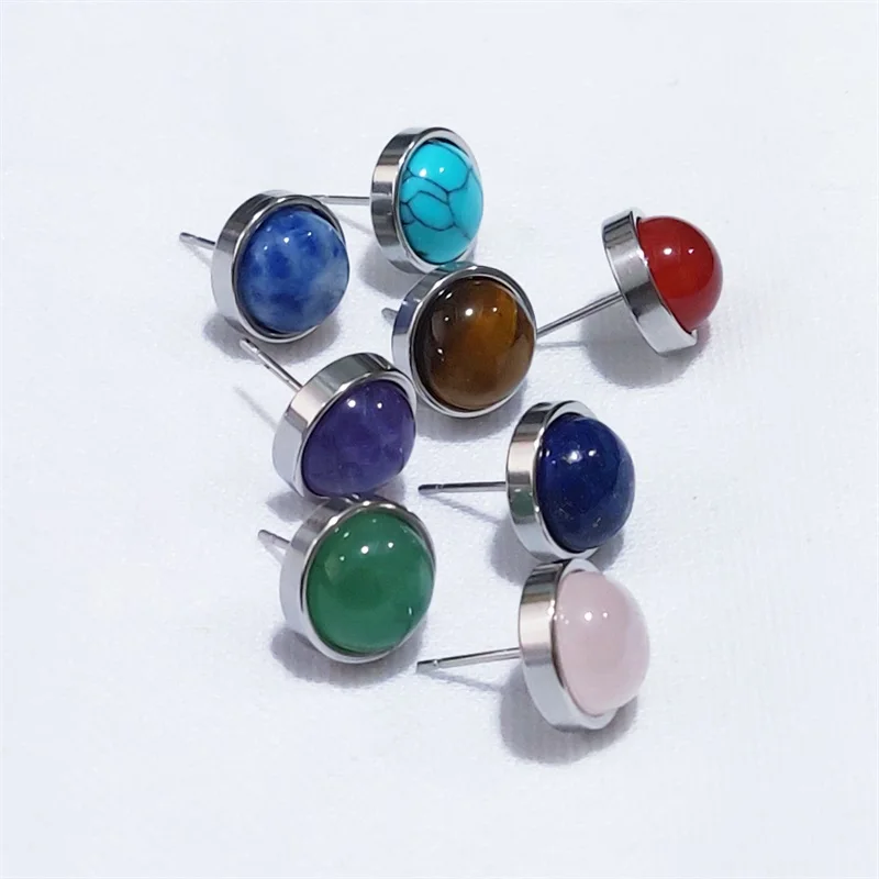 Natural Stone Earrings Healing Crystal Quartzs 10mm Round Beads Steel Stud Fashion Ear Jewelry for Women Girl Wholesale