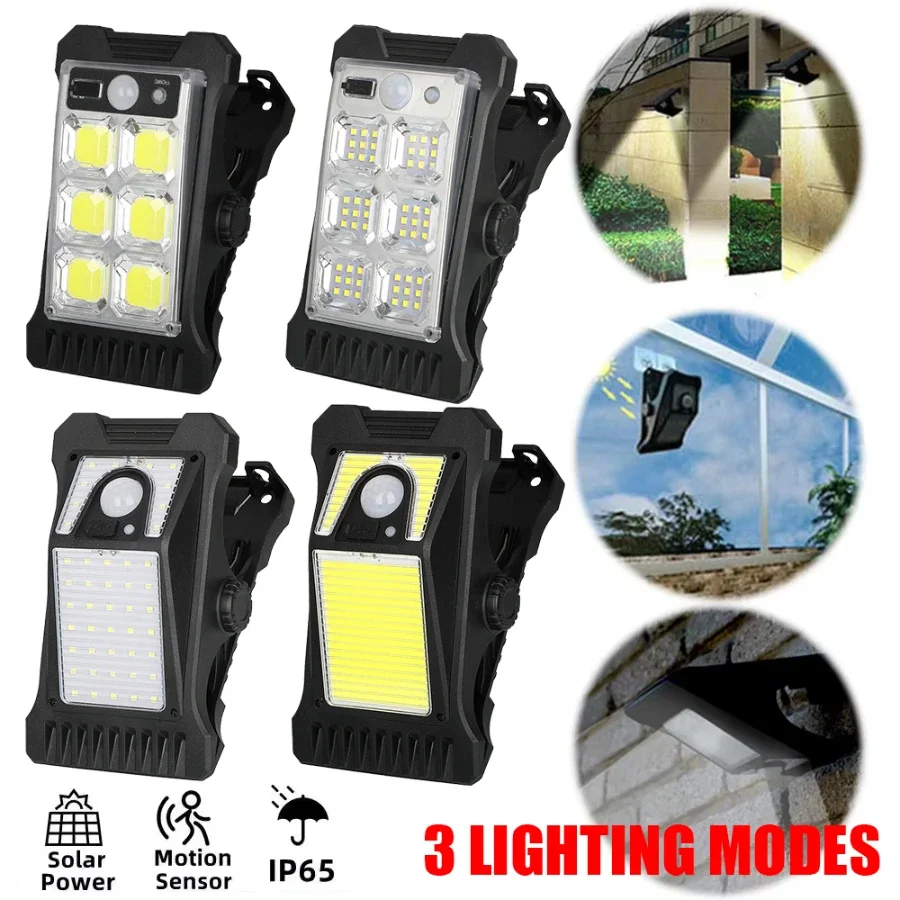 

Светодиодные солнечные садовые фонари, уличный солнечный светильник с зажимом, датчик движения, походная лампа с 3-режимным водонепроницаемым забором, уличный пейзаж