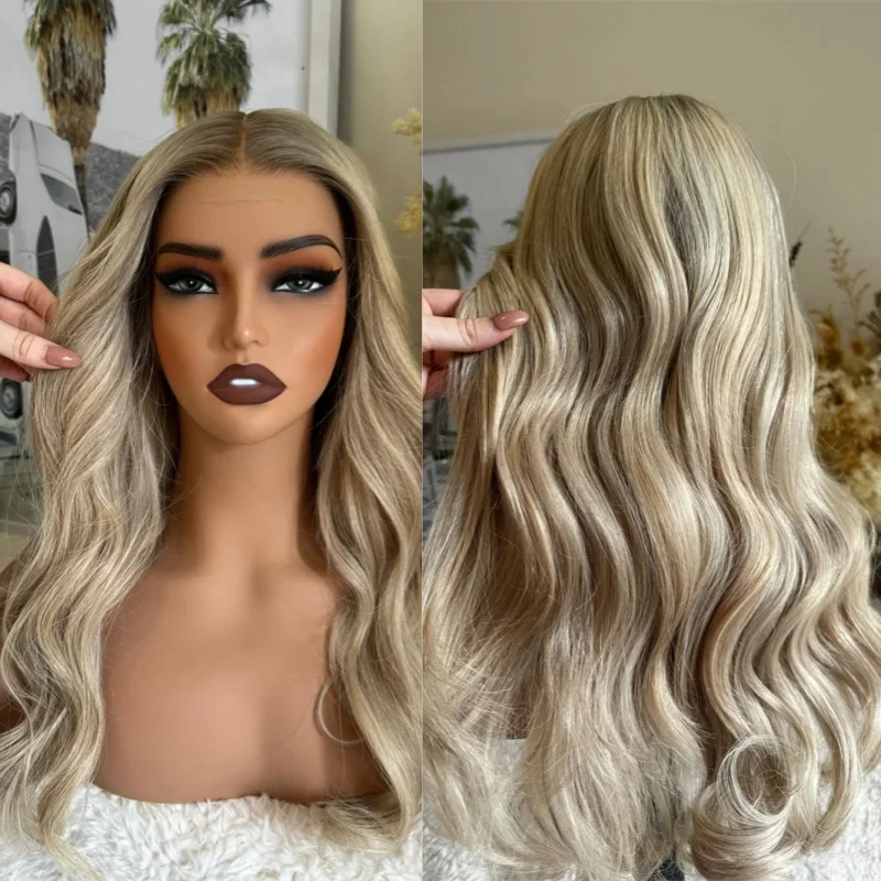 

Бесклеевая линия волос Ombre Пепельно-русый балаяж Роскошный синтетический HD невидимый парик фронта шнурка 150% Плотность Парик Высокотемпературный шелк