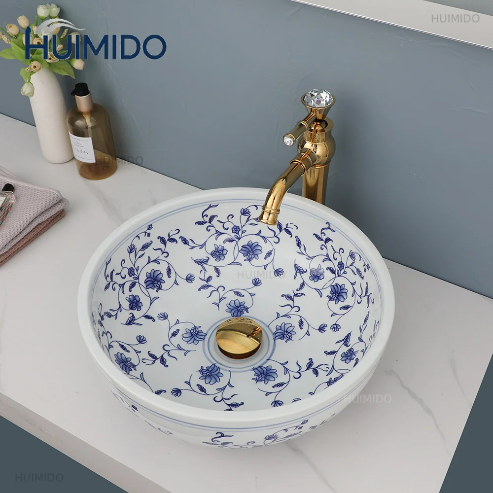 Bathroom Basin Sink Faucet Combo Ceramic Round Wash Basin Bathroom Washbasin Hand Painted Vessel Sink bathroom sinks