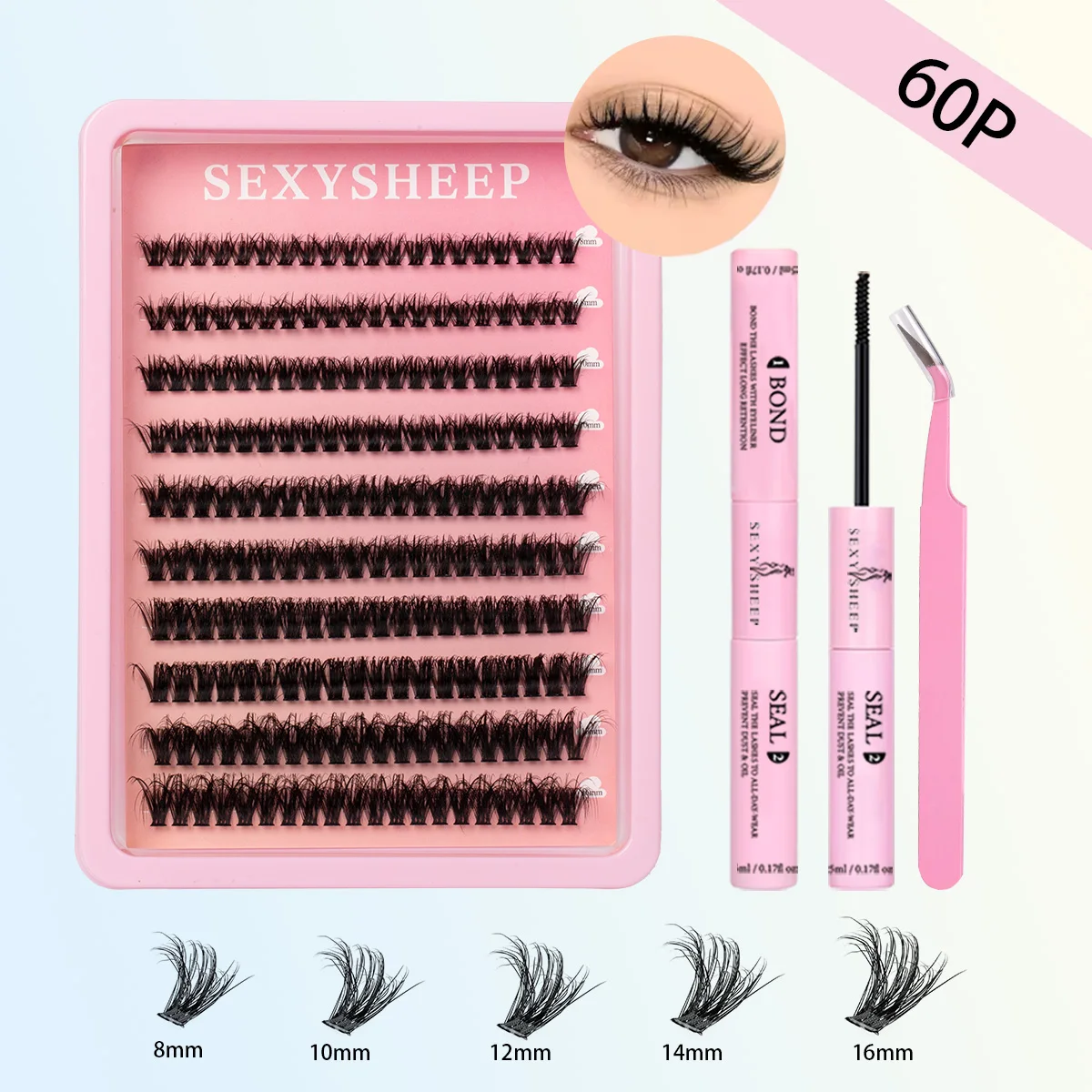 SEXYSHEEP DIY zestaw klastrów rzęs przedłużanie rzęs pojedyncze rzęsy 8-16mm naturalne z wiązaniem rzęs, pęseta