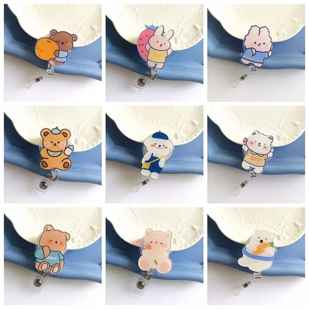 クマ柄リール式バッジホルダー、名札クリップ、看護師バッジホルダー、名刺ホルダー、アクリル製、イージー・プル・バックル