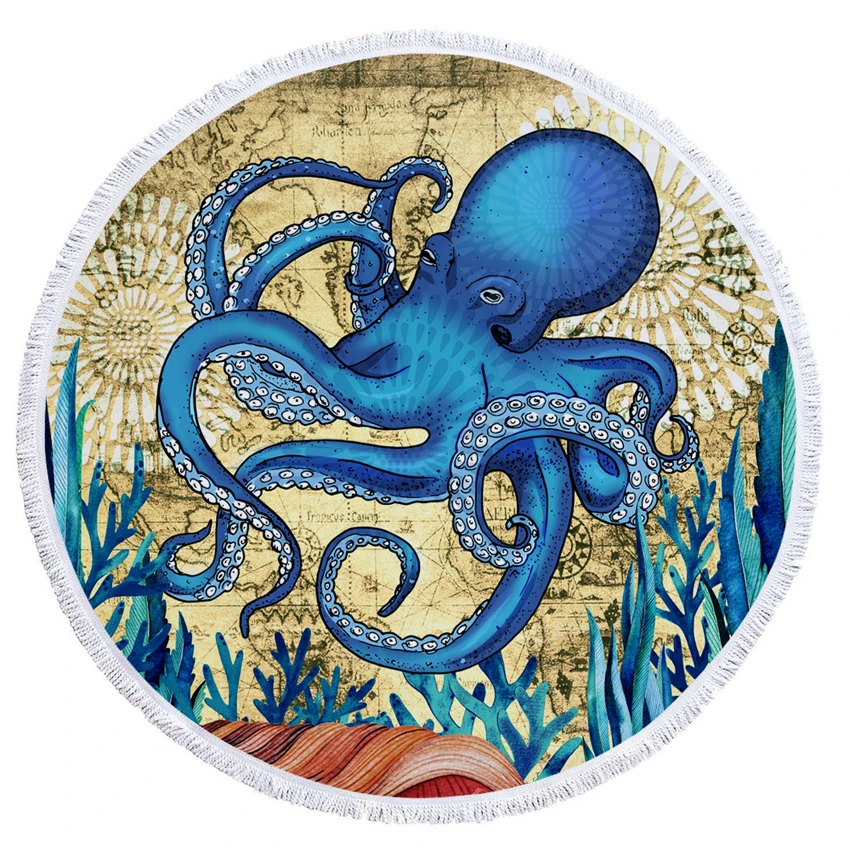 Summer Round Beach Towels Undersea Octopus Circle Bath Shower Towel With Drawstring Storage Bag Yoga Mat Blanket