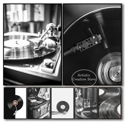 Black and White Vintage Vinyl Record Player Retro Nostalgic Photography Poster Canvas Painting Wall Art Pictures Home Cafe Decor