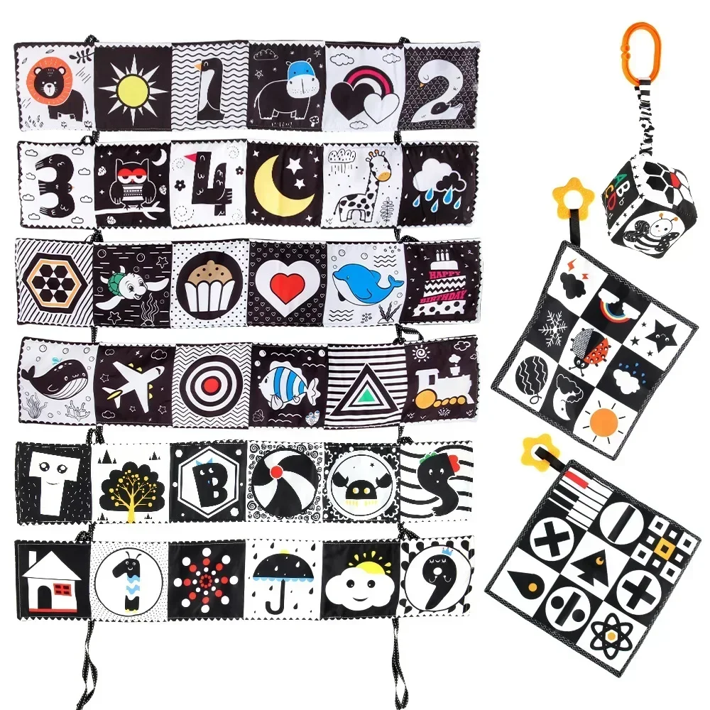 Livre de gril pour bébé, jouets CPull pour nouveau-né, noir et blanc, animal coloré, Montessori, double face, rideau de lit, emballage, nettoyage, enfants