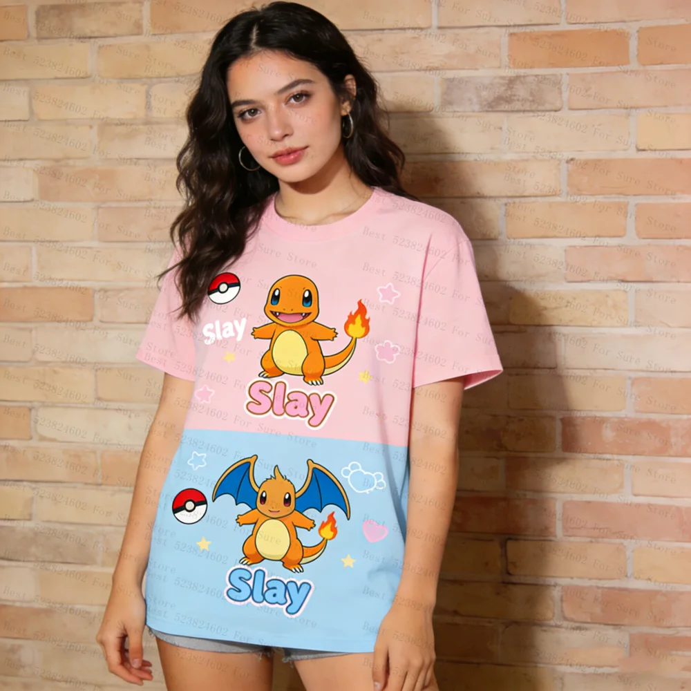 Pokemon Bedrukte T-shirts Vrouwen Kawaii Squirtle Charmander Pikachu Tees Casual Korte Mouw Oversized Tops Zomer Y2K Streetwear