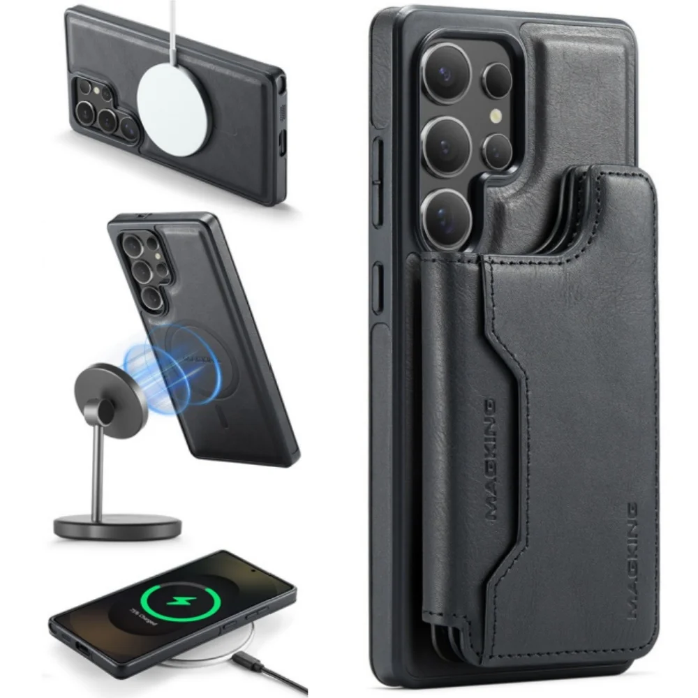 حافظة محفظة مغناطيسية 2 في 1 لهاتف سامسونج S25 S24 S23 Ultra مع حامل بطاقة من جلد البولي يوريثان ومسند قابل للفصل