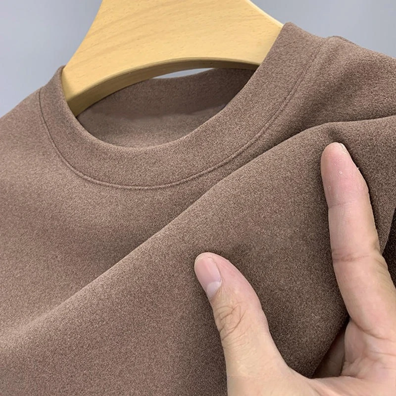 Men Double-sided Velvet Base Shirt Thin Casual Solid Color Warm Tops Round Neck Pullover Loose Inner Layer Comfort Sweatshirts