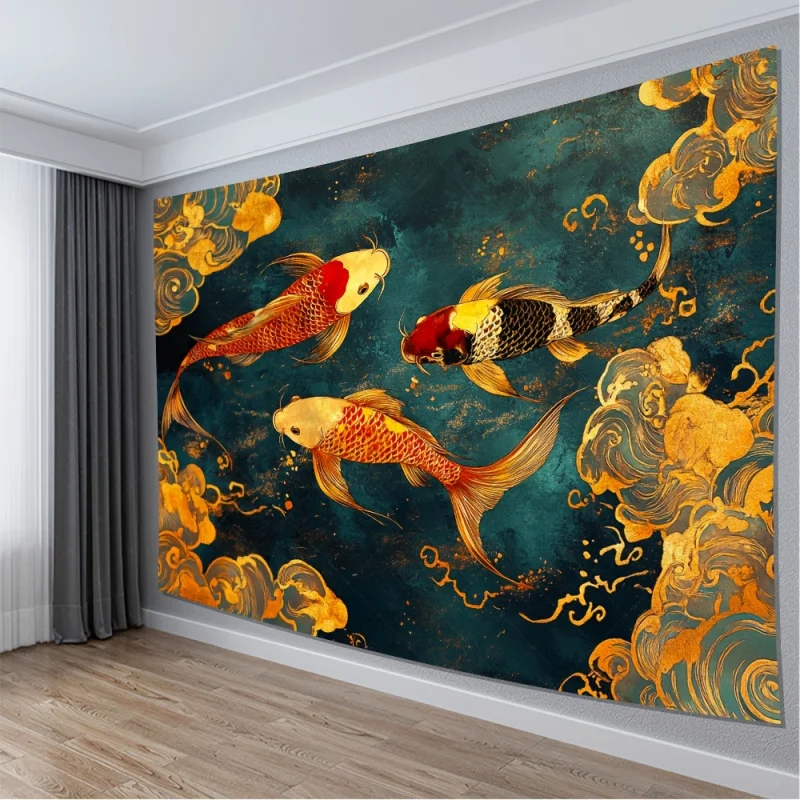 VIKAMA Chinese Koi “Golden Cloud” Tapestry Wall Hanging, Perfect for Living Rooms, Bedrooms, Parties, and Holiday Celebrations