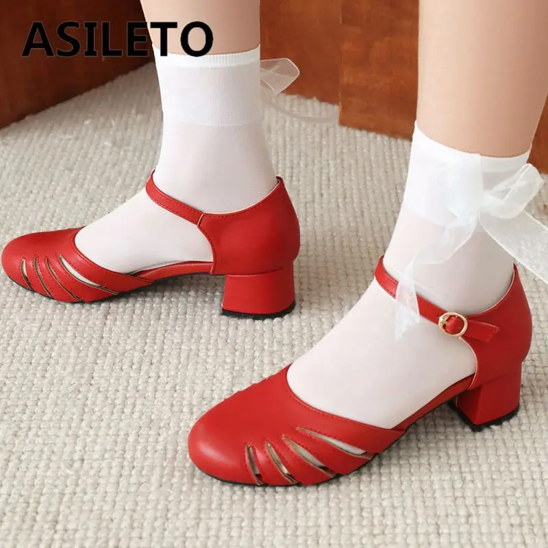 

ASILETO 2024 New Summer Sandals for Girls 30 31 32 Round Toe Block Heels Buckle Strap Large Size 42 43 Sweet Daily Women Shoes