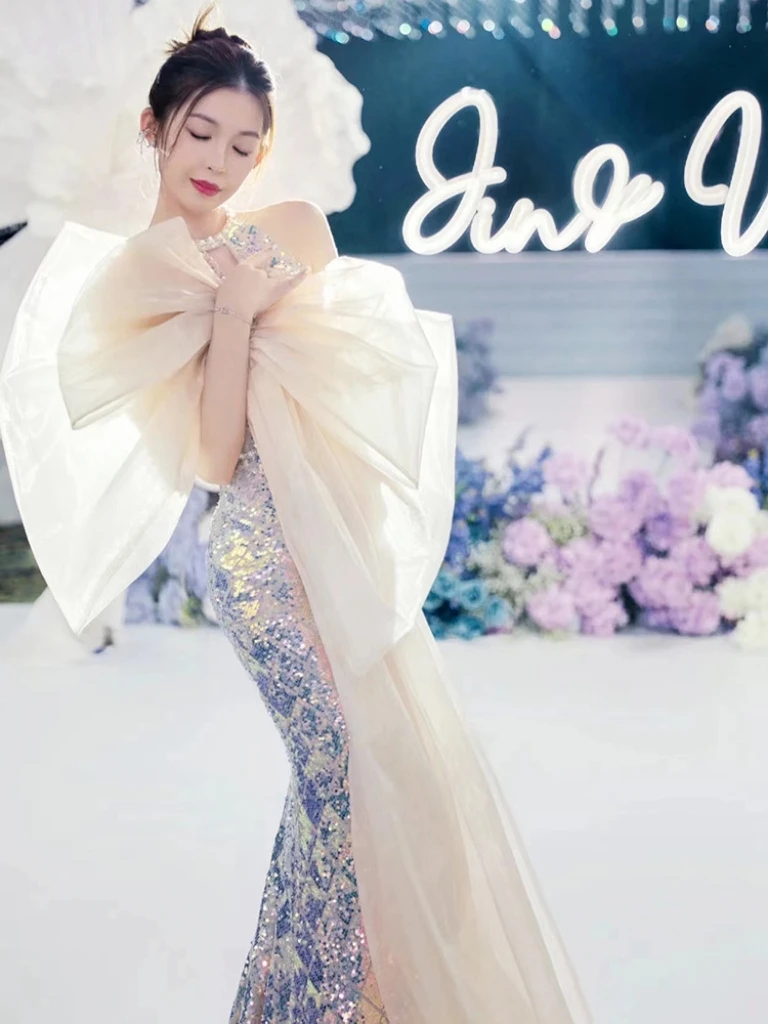 Vestidos de Noche de sirena brillantes, ligeros, de lujo, con hombros descubiertos, cuello Halter, sin mangas, ajustado, con lazo, sin espalda, vestido de fiesta de graduación para celebridades