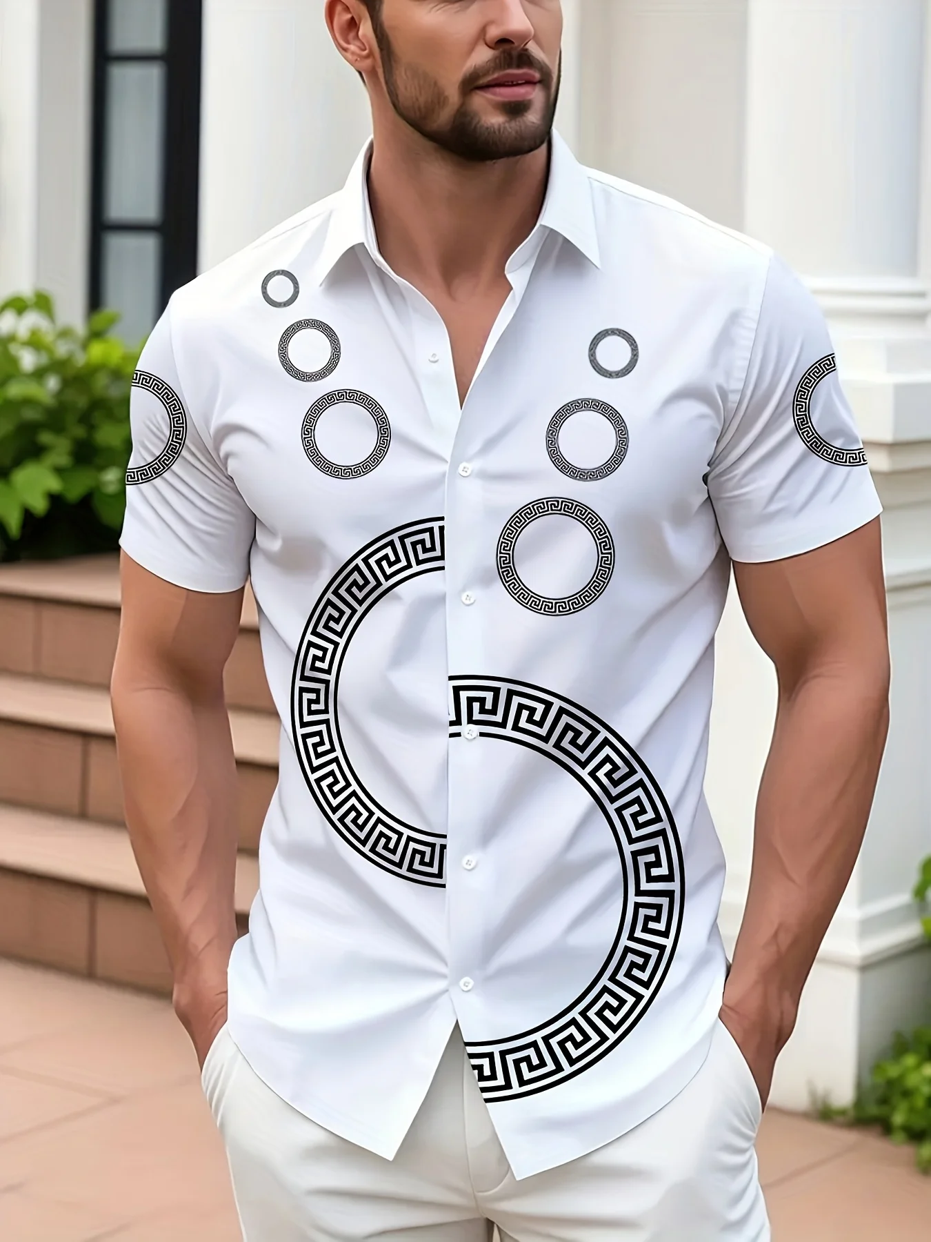 Men White Chinese Traditional Meander Circle Pattern Cuban Collar Short Sleeve Shirt